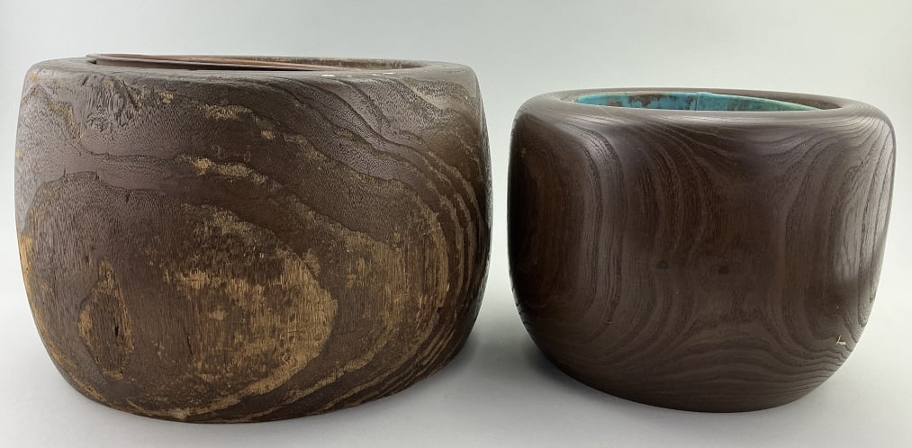 2 Antique Japanese Kiri Wood Hibachi Braziers.: Larger piece measures 9 inches high by 13 inches wide. Two traditional kiri (paulownia) wood hibachis with copper liners. Condition: Good with use wear. **LOCAL PICKUP MUST BE BY APPT ONLY POSTAUCTION