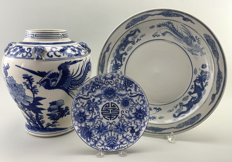 Antique/Vintage Chinese Blue and White Export: Porcelain. Jar measures 12 inches high. Baluster form jar with phoenix bird and peony flowers motif. Plate with longevity floral patter, signed on verso. Swatow ware plate with dragons chasing flaming