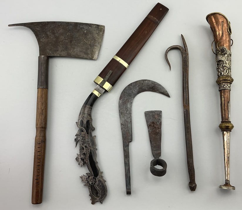 Antique Iron Edged Weapons, Tools & Temple Horn.: Igorot head hunting axe measures 18 inches long. Igorot head hunting axe from Northern Luzon, Philippines. Indonesian Keris dagger with mermaid and serpent carved handle (hulu), decorated blade (pamor