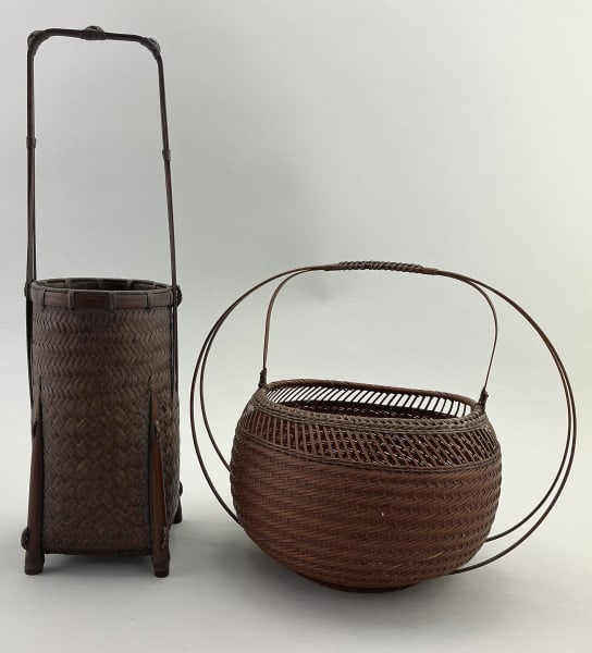 2 Antique Japanese Ikebana Bamboo Flower Baskets.: Largest measures 13 inches high. Two various form Japanese hanakago baskets used for ikebana. Made of woven bamboo and rattan. One has a two character signature on bottom. Condition: Good, no damage.*
