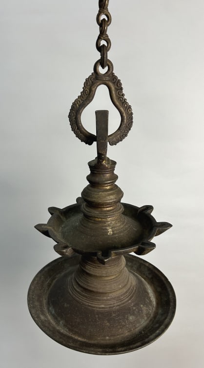 South India Brass Kerala Temple Lamp.: 11 inches wide x 14 inches tall excluding chain. With chain measuring 59 inches long. Traditional religious cast brass Diya Temple oil lamp used for prayer. Condition: Good, no damage.**LOCAL PICKUP M