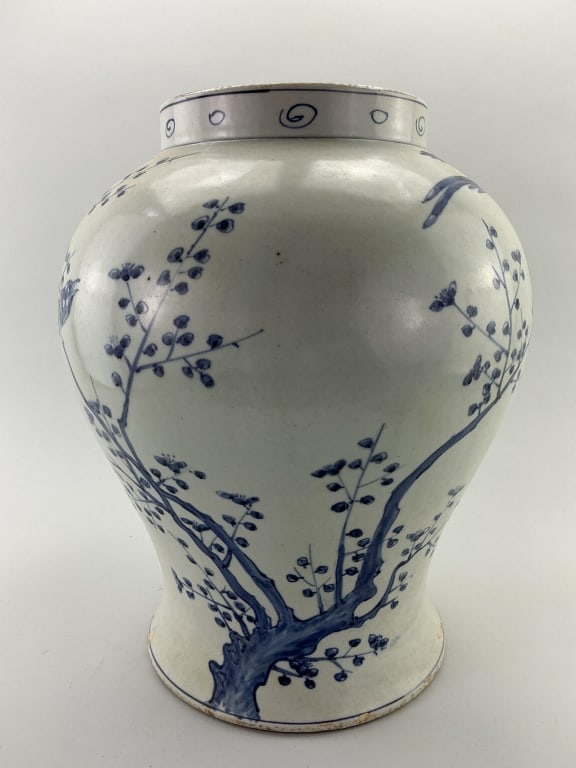 Antique Korean Blue & White Porcelain Temple Jar.: Measures 15 inches high by 10.5 inches wide. Unsigned, baluster form with magpie, plum blossom and bamboo decoration. Condition: Good with some small chips on base rim. **LOCAL PICKUP MUST BE BY APPT 