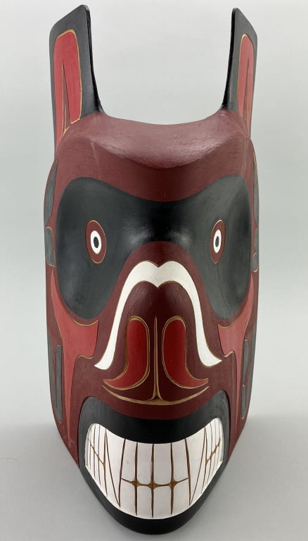 Canadian Folk Art Grizzly Bear Mask.: Measures 15 inches high. Canadian indigenous folk art carved and painted mask. Signed on back GJ 94 Greg Joseph Grizzly Bear Mask Squamish B.C. Canada. Condition: Good, no damage.**LOCAL PICKUP MUST B