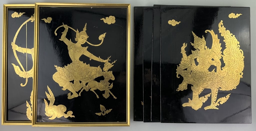 6 Vintage Thai Gold Leaf Lacquered Panels. (1 of 9)