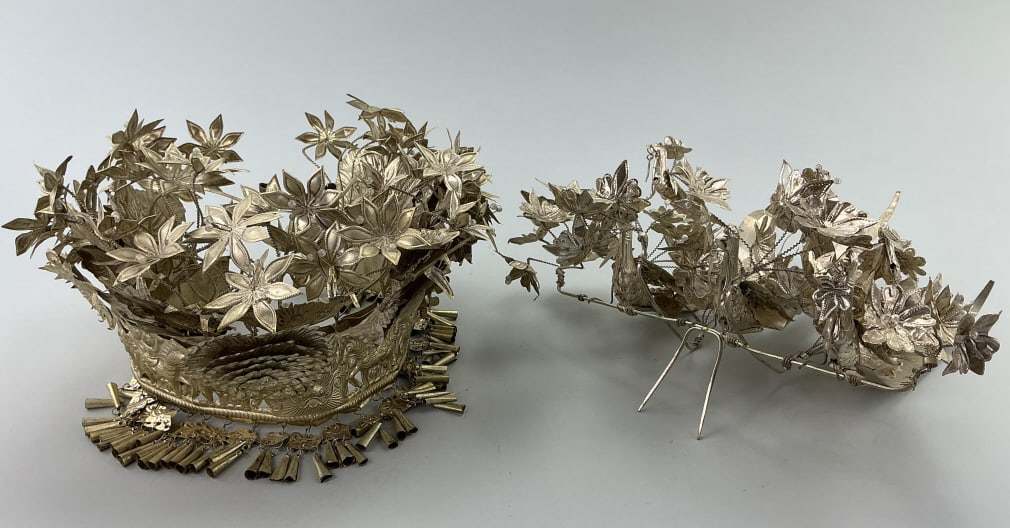 Antique Chinese Miao Bridal Headdress & Crown.: Measure 10 and 12 inches wide. Silver bridal head dress and crown from the Chinese Miao Tribe. Featuring a central medallion of a six-layer peony, the crown is elaborately decorated with lilies. They 