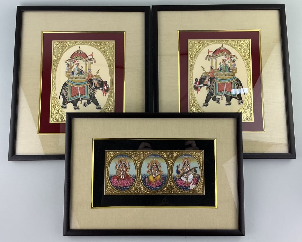 3 Framed Antique Indian Tanjore Paintings.: Larger pieces measure 13 x 15 inches. Three framed Antique Tanjore paintings, late 19th/early 20th century, gouache with gesso and 22K gilt foil on wood panels. Pair of Mughal Royalart Ambabari elepha