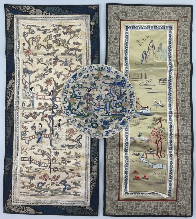 3 Antique Chinese Embroidered Silk Textile Panels.: Measure 22.5 inches long. Late 19th/early 20th century. 2 rectangular form and 1 circular form. Peking stitch, (forbidden knot) needlework depicting figures and landscapes. Condition: Good with minor 