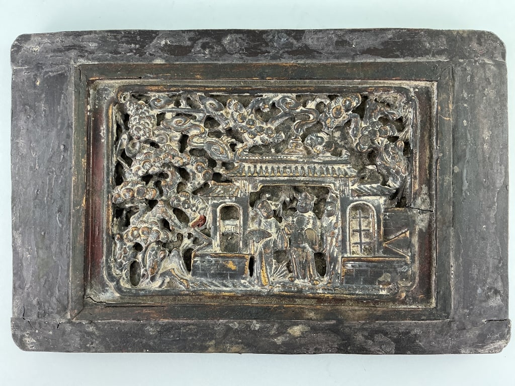 Antique Chinese Carved Wood Panel.: Measures14 x 9 inches. 19th Century Chinese Carved Wood Panel. Deep relief carving of Figures in courtyard with plum blossoms. Condition: Good with some age cracks and wear.**LOCAL PICKUP MUST BE BY A
