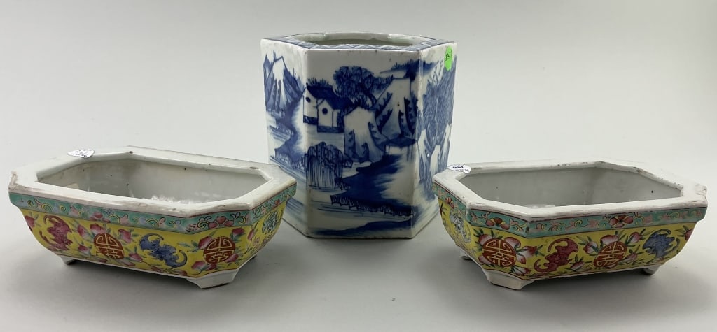 Blue & White Brush Pot & 2 Famille Jaune Planters. (1 of 17)