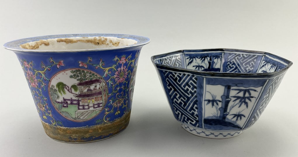 Chinese Porcelain Planter & Rice Bowl.: Planter measures 5.25 inches high by 8 inches wide. Chinese Famille Rose porcelain planter, having flared rim with floral accents, reserves depicting figures and landscape, against blue enameled groun