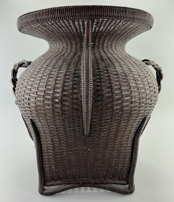 Large Japanese Bamboo Ikebana Basket.: Measures 19 inches high by 17 inches wide. Likely Meiji period (1868-1912) featuring intricate twill and mat plaiting techniques, split bamboo and rattan wrapped frame. Patinated lacquer finish. Rare 