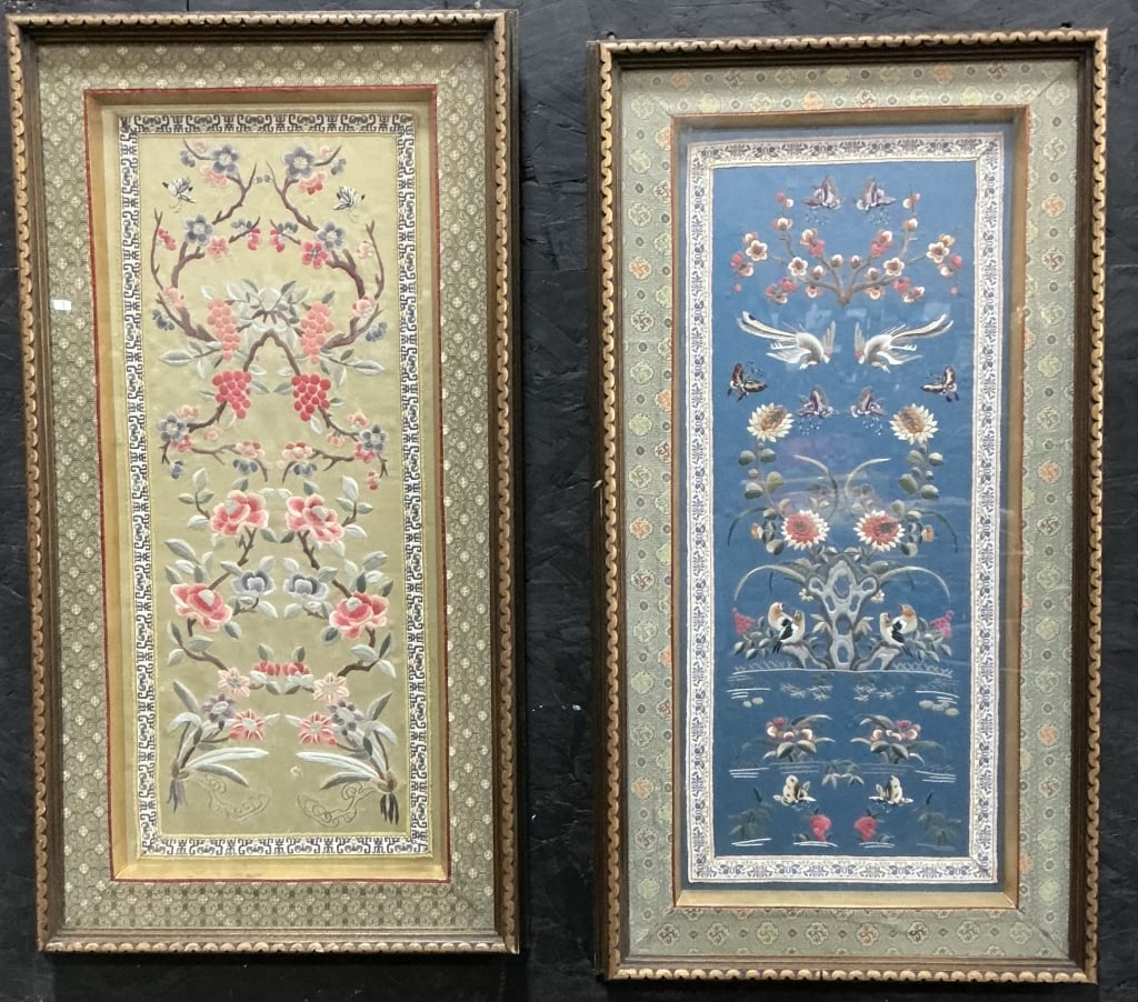 2 Vintage Chinese Silk Embroidery Panels.: Measure 13.5 x 25 inches. First half of the 20th century with matching frames. Beautifully executed colorful silk needlework depicting exotic birds, fruiting/flowering plants. Condition: Very good.**L