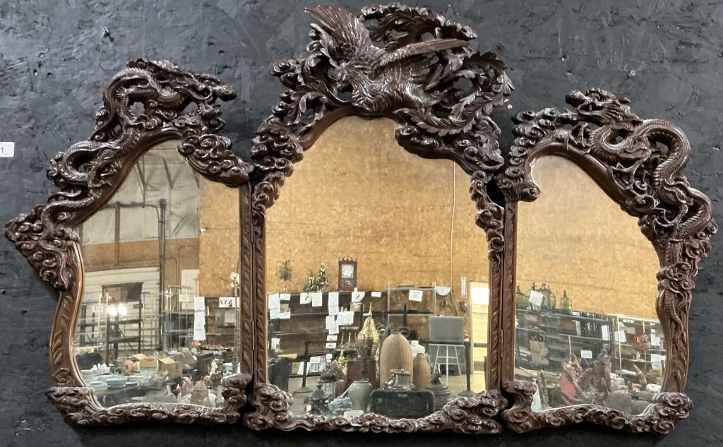 Japanese Ornately Carved Dragon & Phoenix Mirror. (1 of 4)