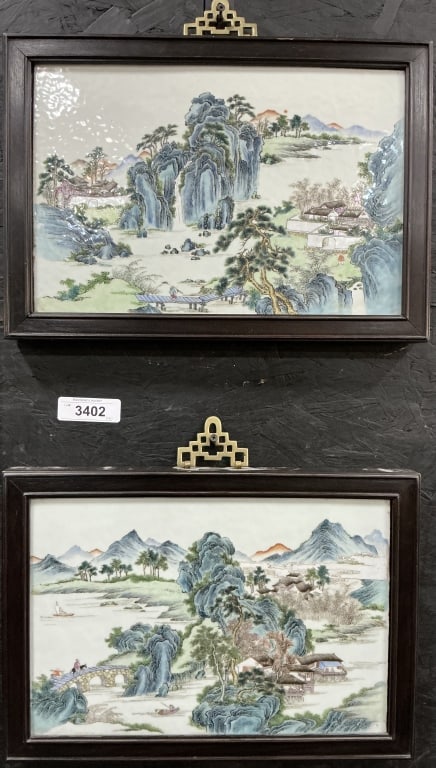 Pair of Chinese Painted Porcelain Tile Plaques. (1 of 3)
