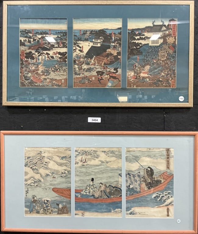 2 Edo Period Japanese Triptych Woodblock Prints. (1 of 10)