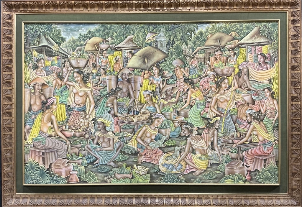 Large Vintage Balinese Market Scene Painting.: Carved gilt wood frame measures 93 x 66 inches. Depicts a dense, complex scene of Balinese life at an open-air market, with numerous figures and intricate details. Unsigned. Condition: Very good.**LOC