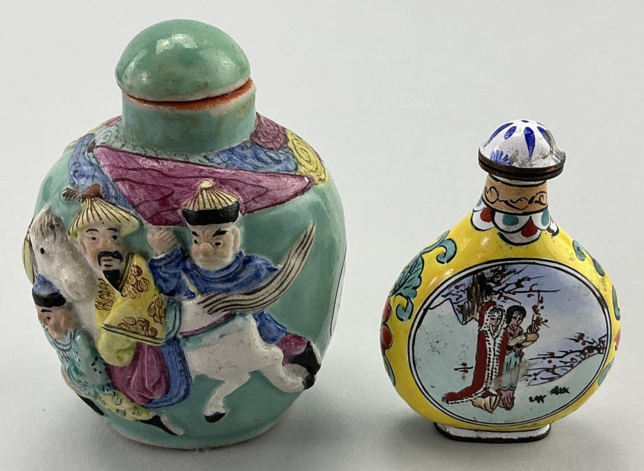 Antique Chinese Porcelain & Enamel Snuff Bottles.: Measure 2.5 and 3 inches. 1st: Famille rose molded bottle with figures on horseback. Six-character iron-red Qianlong mark on base. 2nd: Late 19th century hand-painted enamel bottle with figural and la
