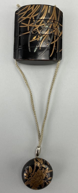 Antique Japanese Black Lacquer Inro Case.: Measures 8.5 inches long. Black-lacquer three-case inro, likely Meiji period (1868-1912). Portable case used for holding small objects from a kimono sash. Decorated in gold and silver (hiramaki-e andt