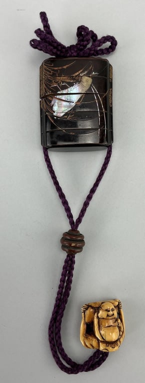 Antique Japanese Black Lacquer Inro Case.: Measures 11 inches long. Black-lacquer five-case inro, likely Meiji period (1868-1912). Portable case used for holding small objects from a kimono sash. Decorated in gold and silver (hiramaki-e andtak