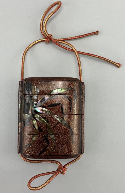 Antique Japanese Gold Lacquered Inro Case.: Measures 2.5 inches high. Gold-lacquer four-case inro, likely Meiji period (1868-1912). Portable case used for holding small objects from a kimono sash. Decorated aogai (mother-of-pearl) inlay of bamb