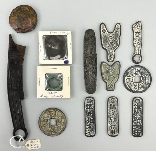 Antique Chinese Amulet & Knife Money.: Knife measures 6.5 inches long. Including bronze knife money, Qianlong Tongbao coins, coin tally, spade charm money, ring money, etc. Condition: Good with wear. **LOCAL PICKUP MUST BE BY APPT ONLY POS