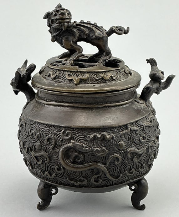 Antique Chinese Bronze Covered Tripod Censer. (1 of 9)