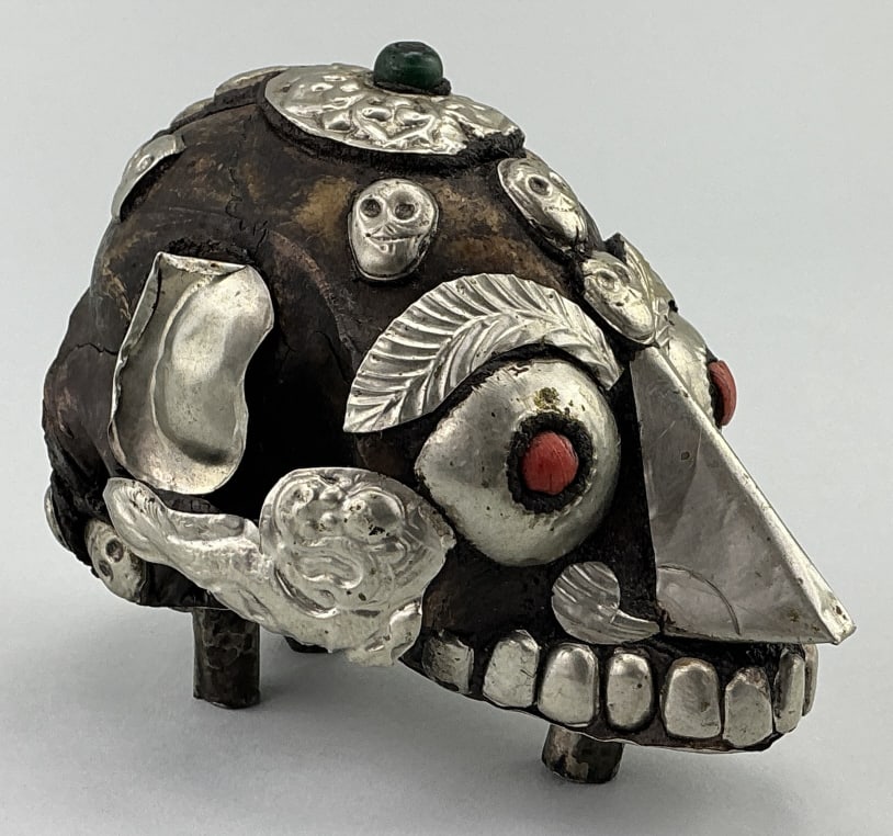 Antique Tibetan Kapala Decorated Monkey Skull.: Measures 4.25 inches. Authentic silver mounted skull kapala from Tibet, was used as a ceremonial vessel. Condition: Good with wear. **LOCAL PICKUP MUST BE BY APPT ONLY POSTAUCTION ONLY ON SPECIFIC DAT
