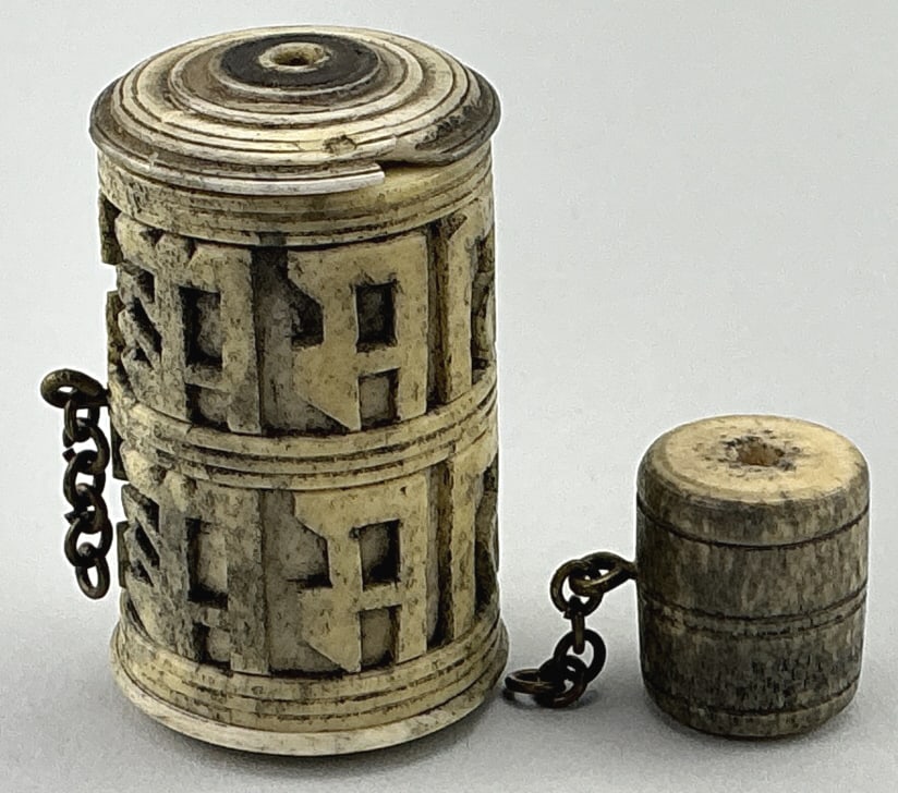2 Antique Tibetan Carved Bone Prayer Wheels. (1 of 10)