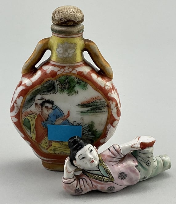 2 Antique Chinese Famille Rose Snuff Bottles.: Larger bottle measures 3.5 inches high. Glazed porcelain, both likely Qing dynasty (1644–1912). 1st: Erotic scene on obverse and Imperial poem on reverse. 2nd: Reclining beauty female figural fo