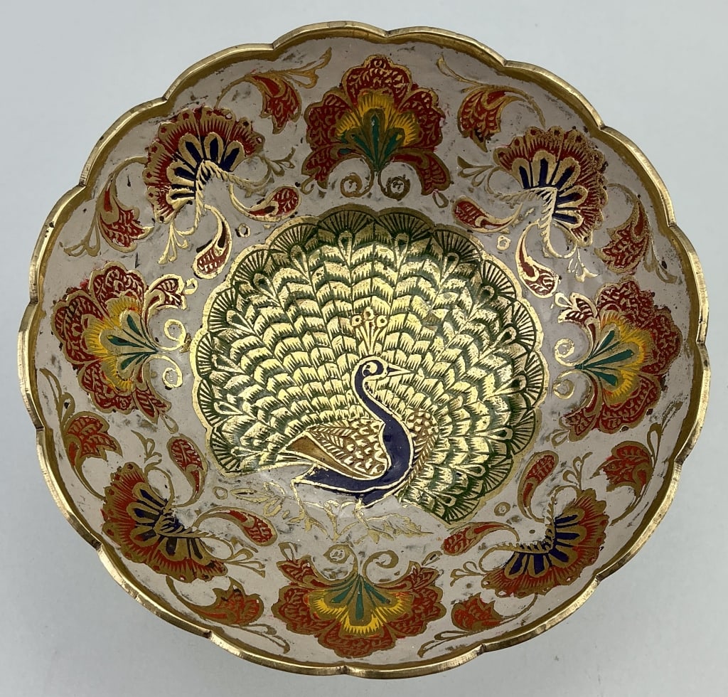 Vintage Brass Enameled Peacock Footed Bowl.: Measures 6 inches in diameter. Polychrome enameling with interior central peacock and scalloped edge. Condition: Good with minor wear. **LOCAL PICKUP MUST BE BY APPT ONLY POSTAUCTION ONLY ON SPECIFIC 