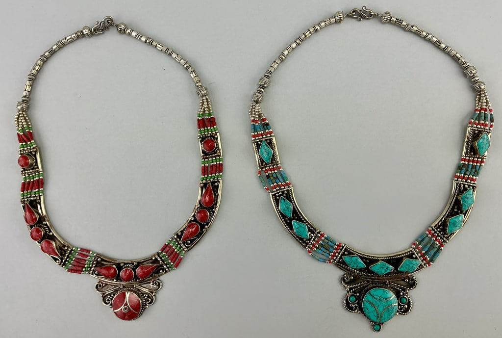 Tibetan Silver Turquoise & Coral Pendant Necklaces: Measure 10 inches long. Ethnic Indo/Tebet tribal style handmade necklaces. Condition: Very good. **LOCAL PICKUP MUST BE BY APPT ONLY POST AUCTION ONLY ON SPECIFIC DATES:CALL 717-272-7078 TO MAKE AN AP