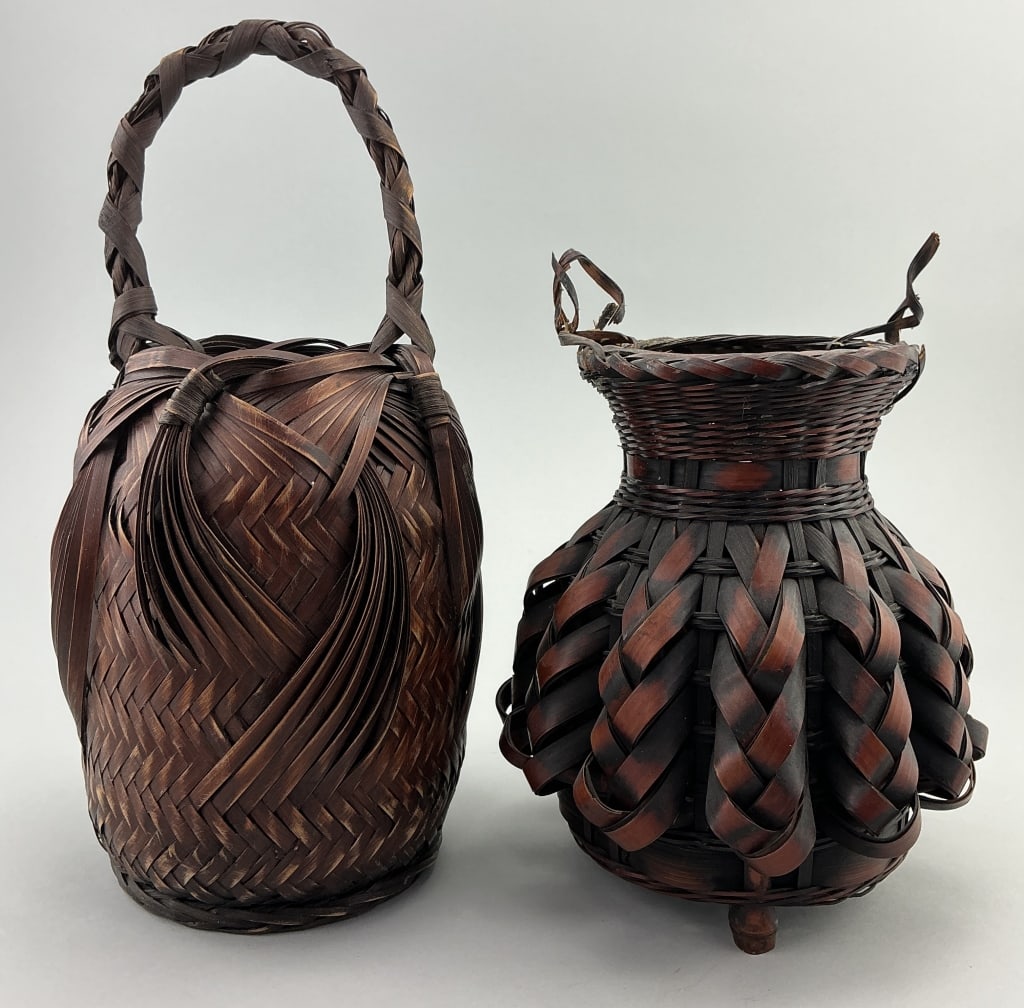 2 Antique Japanese Bamboo Ikebana Baskets.: Measure 8 and 13 inches high. Japanese bamboo ikebana basket, also known as a hanakago. These baskets are specifically used for ikebana, traditional Japanese art of floral arrangement. Hand-woven from