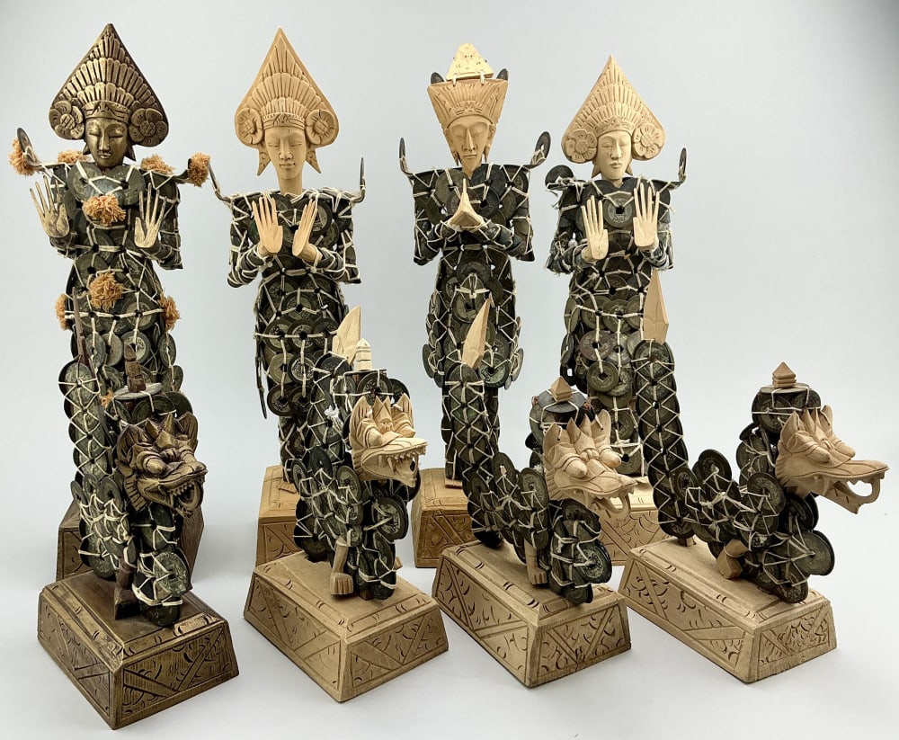 8 Vintage Balinese Kepeng Coin Statues.: Prosperity dolls measure 15 inches high. Balinese Kepeng Coin Statues, 4 Prosperity dolls and 4 dragons. Made of coins held together with cotton twine and carved wood features. Condition: Good, no dam