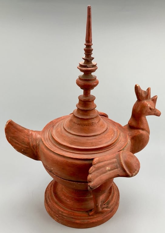 Antique Burmese Lacquered Wood Offering Vessel.: Measures 22 inches high. Burmese red lacquer offering vessel, also known as a stupa vessel. Rooster form symbolizing power or to be a part of traditional iconography. Condition: Good with some age cra