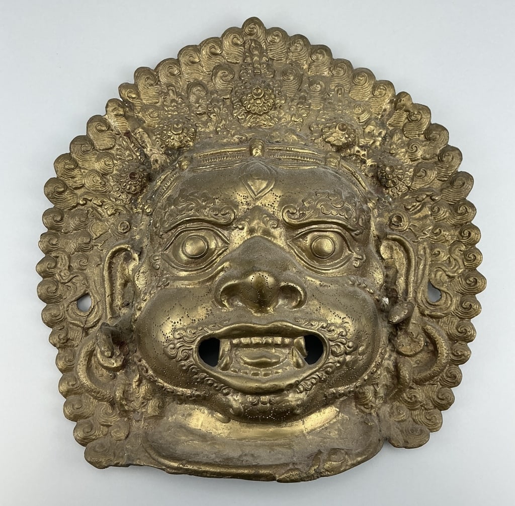 Vintage Cast Bronze Head of Bhairava.: Measures 13 inches wide. Tibetan cast bronze head of the Hindu god shown with third eye. Condition: Good, no damage. **LOCAL PICKUP MUST BE BY APPT ONLY POST AUCTION ONLY ON SPECIFIC DATES:CALL 717-27
