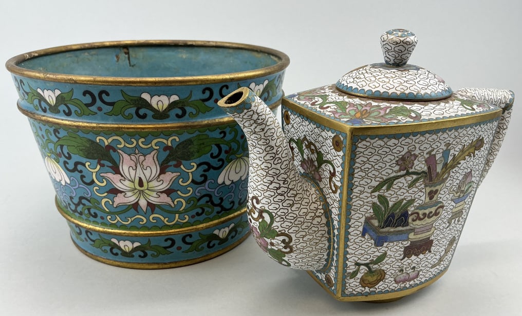 Chinese Cloisonné Enamel Jardiniere & Teapot. (1 of 14)