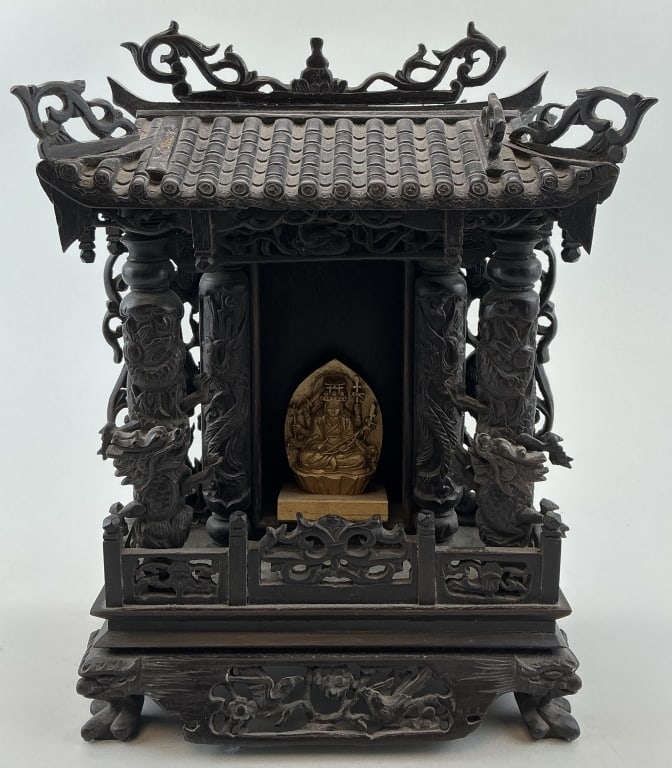 Antique Chinese Carved Wood Buddhist Altar Shrine.: Measures 9 inches high. Likely Meiji period (1868-1912), ornately carved shrine with Fu dog and dragon motif. Enclosing a central gilt Tibetan Buddhist deity representing Cundi Bodhisattva. Condition: