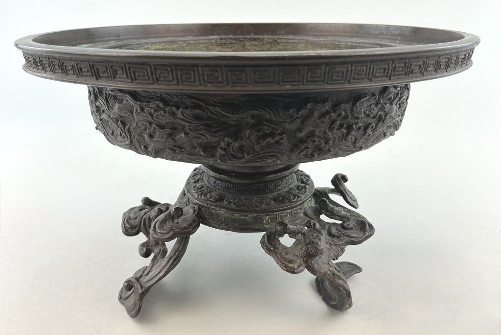 Antique Signed Japanese Bronze Censer.: Measures 8 inches in diameter. Impressed hallmark for the artist Ichikawa Togyokusai, Meiji period (1868-1912). Ornately cast with bird and foliate motif. Condition: Good with darkened patina.**LOCAL 