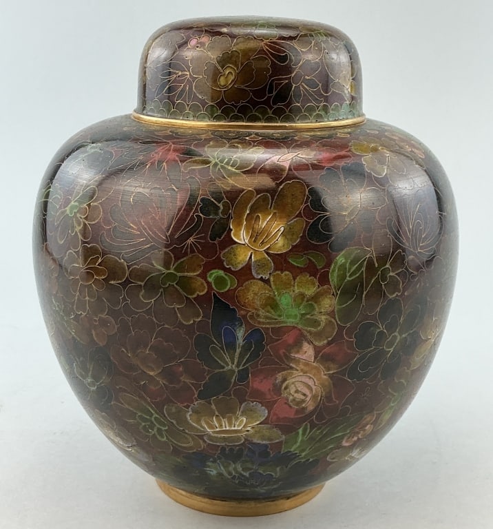 Vintage Chinese Boho Glazed Cloisonne Jar.: Measures 8 inches high. Covered jar decorated with intricate floral motifs in warm, earthy tones, burnt sienna, mossy green, ochre, and deep plum, outlined in fine gilt wire. Condition: Very good.**LO