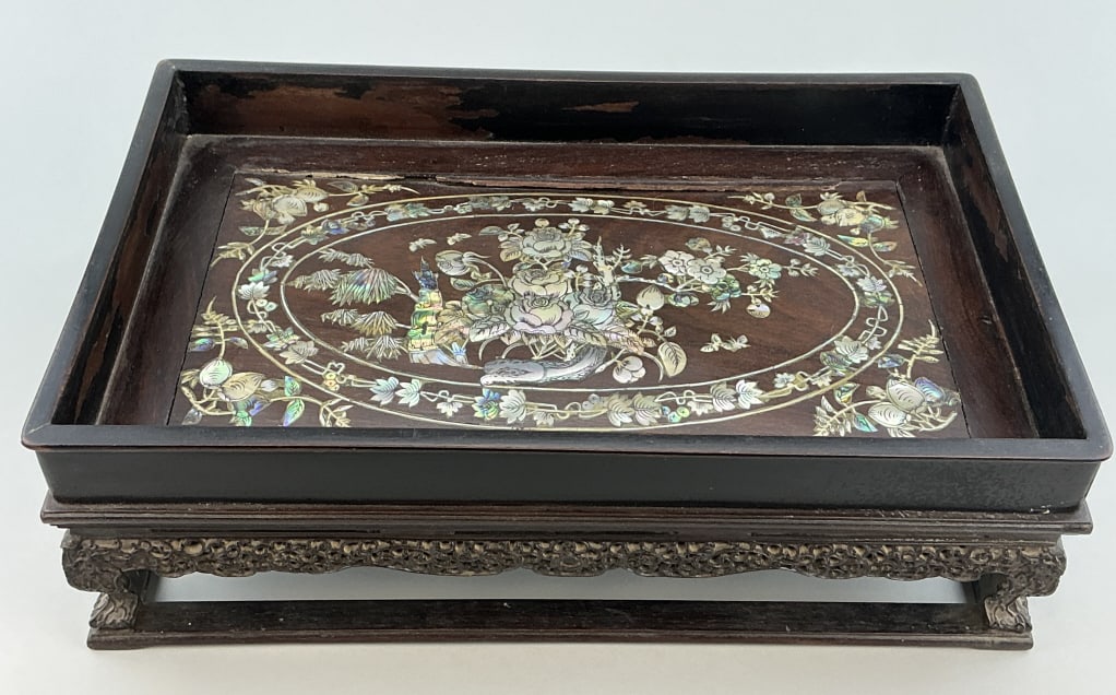 Antique Korean Mother of Pearl Inlay Scholar Tray.: Measures 13.25 inches wide. Late Joseon era (1392-1897), lacquered rosewood with mother of pearl inlaid scene with butterflies, floral and foliate motifs and ornately carved base. Condition: Good with