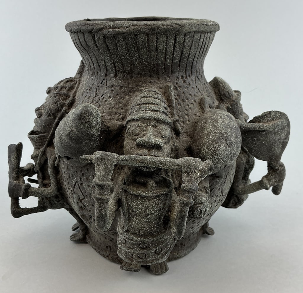 Antique African Heavy Brass Benin Warrior Vessel.: Measures 7 inches high. High relief bronze vessel with warrior, attendants and turtle sculpted figures. Condition: Good with minor loss and wear, surface has even corrosion. **LOCAL PICKUP MUST BE BY 