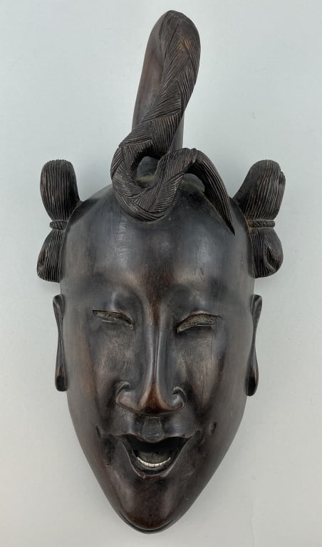 Japanese Carved Rosewood Mask Wall Hanging.: Measures 12.5 inches long. Laughing young man carved face with Chunuri-chasen-mage hairstyle. Condition: Very good. **LOCAL PICKUP MUST BE BY APPT ONLY POST AUCTION ONLY ON SPECIFIC DATES:CALL 717-272