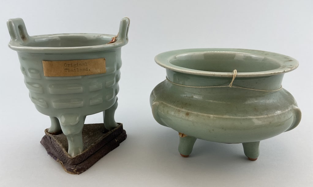 2 Antique Chinese Celadon Glazed Tripod Censers. (1 of 12)
