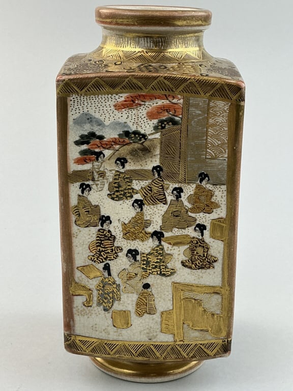 Antique Japanese Satsuma Pottery Vase.: Measures 7 inches high. Meiji period (1868-1912), Japanese black character mark for Shimazu Clan crest, Satsuma-yaki (Satsuma ware), and artist/studio name Hotoda. Rectangular form with figures incour