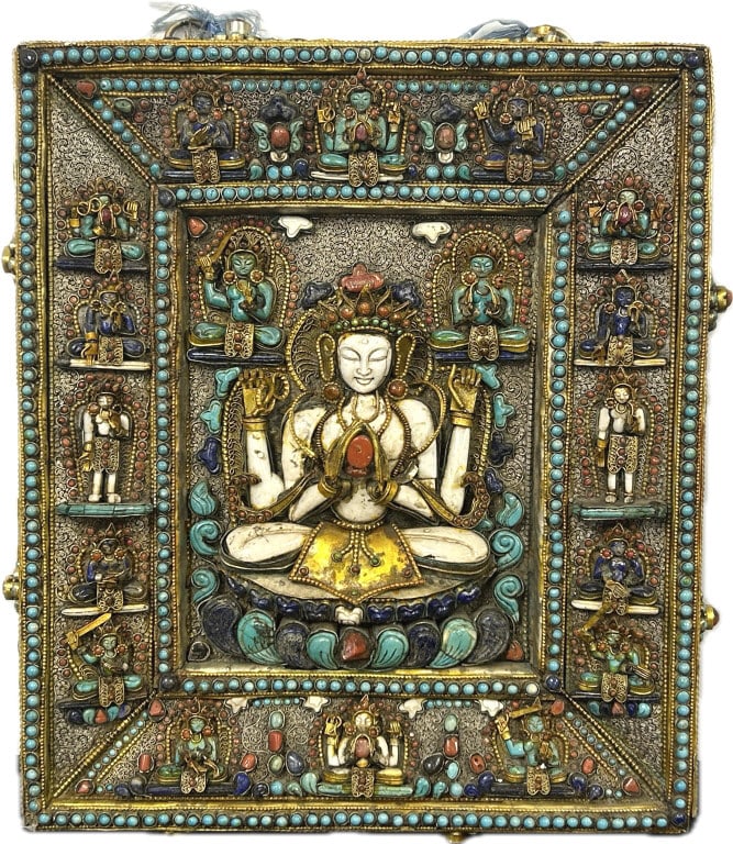 Antique Nepalese Buddhist Votive Wall Plaque.: 11.75 inches wide x 13.5 inches high. Ornate 19th century Copper Plaque of Shadakshari Lokeshvara Mandala. Four-armed Lokeshvara is in the center of the copper Mandala, surrounded by powerful Buddhist