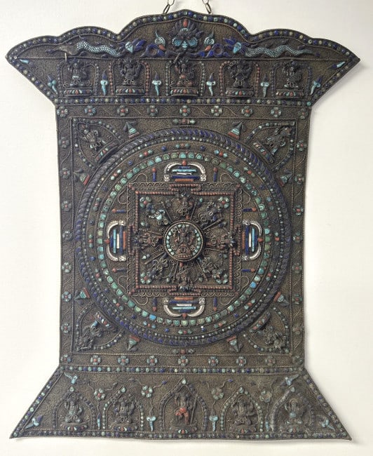 Antique Tibetan Votive Mandala Plaque.: 23.5 inches wide x 29 inches tall. Ornate 19th century Copper Plaque of Shadakshari Lokeshvara Mandala. Four-armed Lokeshvara is in the center of the copper Mandala, surrounded by powerful Buddhist de