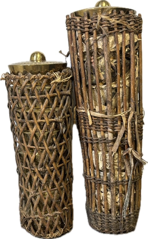 2 Philippine Engraved Brass Kulintang Gong Sets.: Largest gong measures 8.5 inches diameter x 4.75 inches tall. Antique/vintage Philippine Kulintang Gong Sets, a traditional hand percussion instrument that originates from the Philippines. Featuring a
