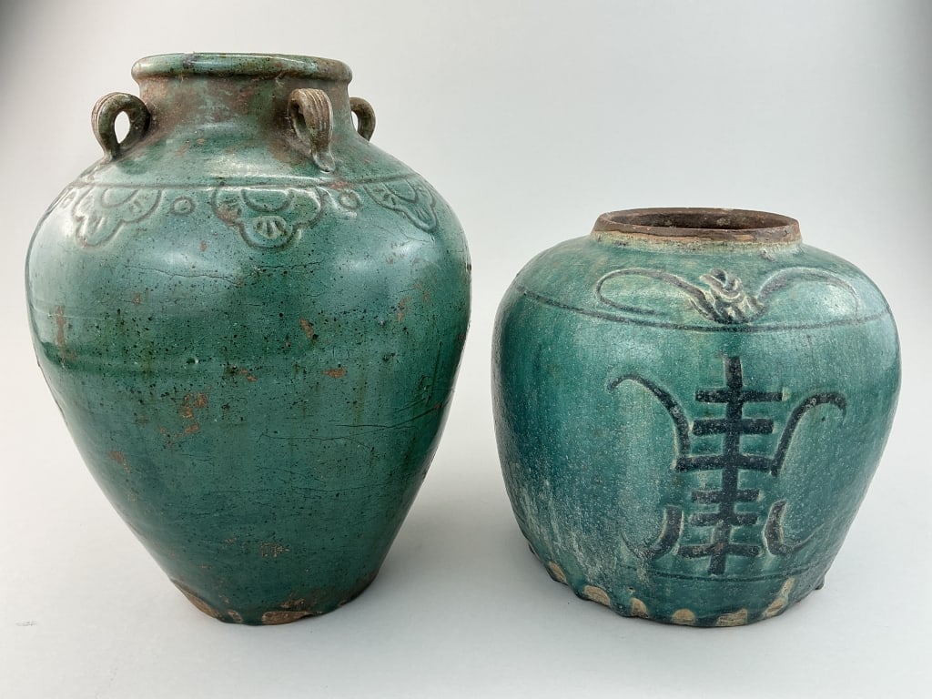 2 Antique Chinese Turquoise Glazed Stoneware Jars.: Larger jar measures 11 inches high. 1st: Both are likely late Qing dynasty. 1st: Martaban jar with loop handles and incised stylized flowers on shoulder. 2nd: Ginger jar with incised Shou symbol repre