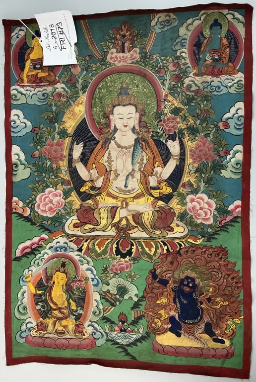 India Tibetan Buddhist Deity Chenrezig.: Measures 29 inches high by 20 inches wide. Painting on silk 4-armed Avalokiteshvara as the central deity surrounded by other figures. Condition: Very good. **LOCAL PICKUP MUST BE BY APPT ONLY POSTAUCT
