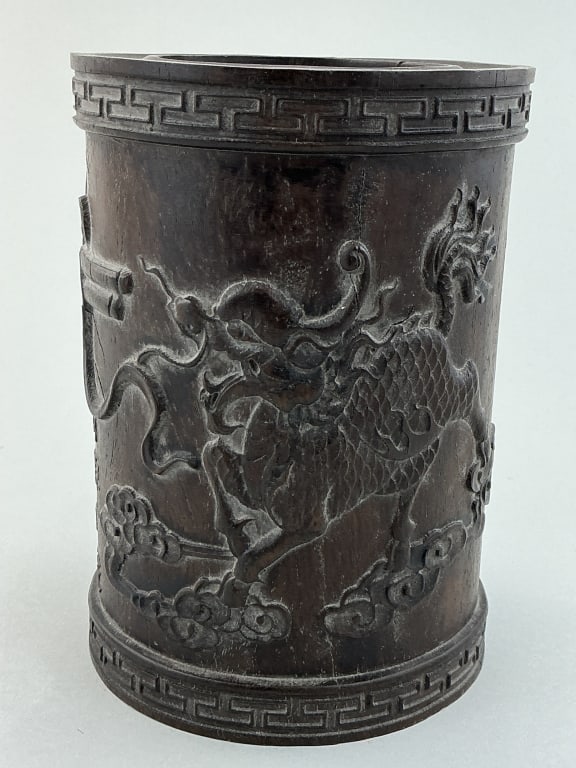Antique Chinese Carved Zitan Wood Brush Pot. (1 of 9)